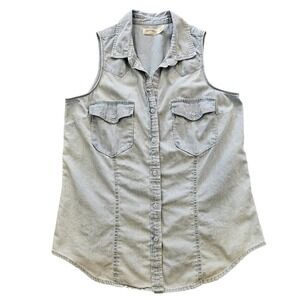 Faded Glory Womens Sleeveless Denim Shirt Light Wash Cotton Western Top M 8-10
